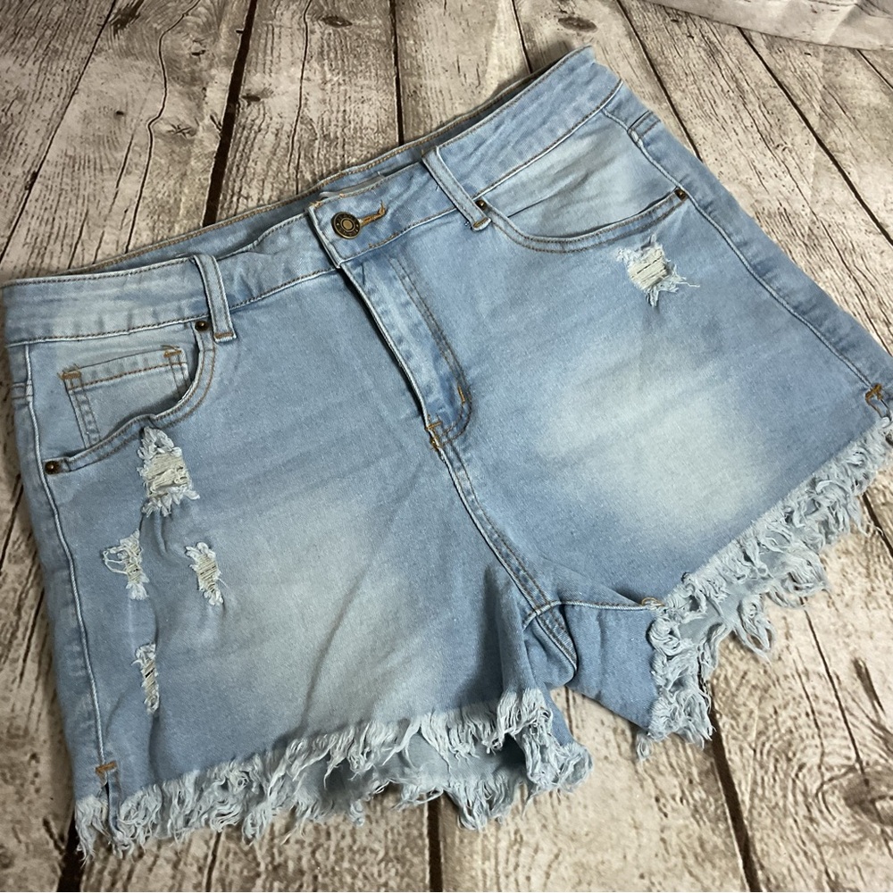 KDF Denim Frayed Hem Women Jean Shorts Faded 5 Pocket Distressed
